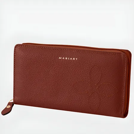 Carteira De Couro Bovino Feminina C/ Zíper P/ Rg Mariart 722 Cor Terracota Desenho Do Tecido Liso