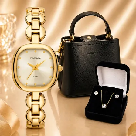 Relógio Feminino Mondaine 24mm Miyota Com Bolsa E Presente Semijoia Banhado Ouro Dia Das Mães Dourado Prateado