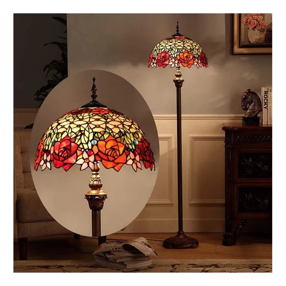Lampara Pie Estilo Tiffany 2 Luz Diseño Rosa Roja Mesa Sala