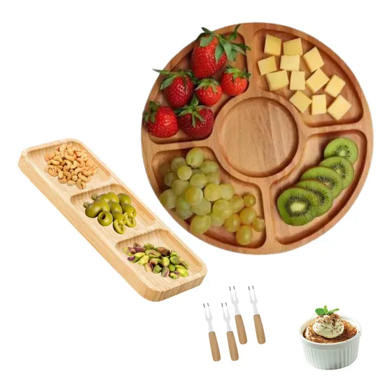 Petisqueira De Bambu Tábuas De Frios Petiscos Kit 4 Peças Cor Marrom-redonda