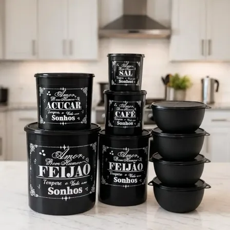 Kit Potes De Mantimentos 9 Peças Decorado Frases Cozinha Preto