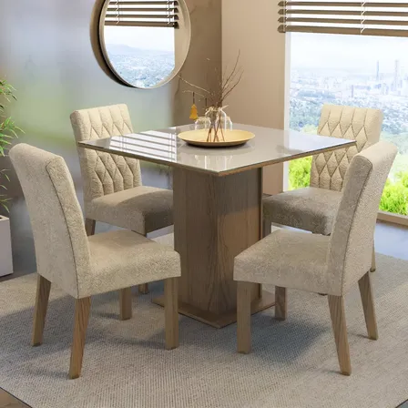 Sala Jantar Estofada Mesa Tampo Vidro 4 Cadeiras Madesa Anaju Rci Cor Rustic/crema/imperial Mdja0401387gsim Liso