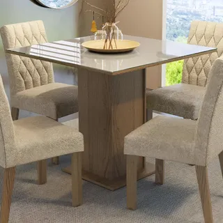 Sala Jantar Estofada Mesa Tampo Vidro 4 Cadeiras Madesa Anaju Rci Cor Rustic/Crema/Imperial MDJA0401387GSIM