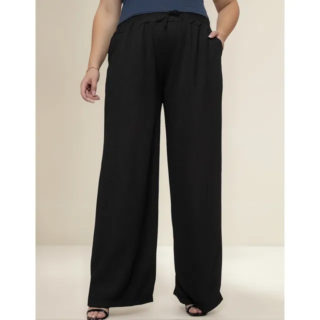 Calça Pantalona Plus Size Crepe Duna Com Bolso Cintura Alta