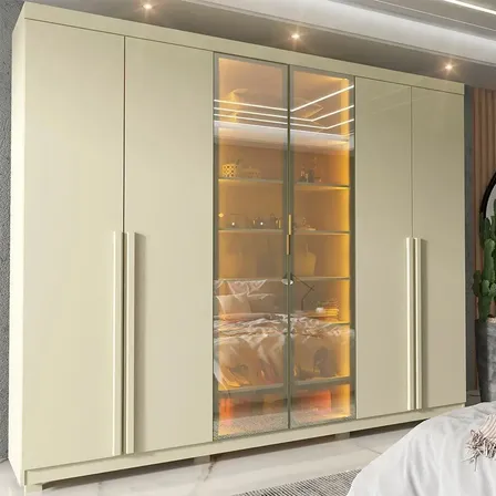 Guarda-roupa Casal 6 Portas Vidro Reflecta MDF com LED 230x240cm Gelius Móveis