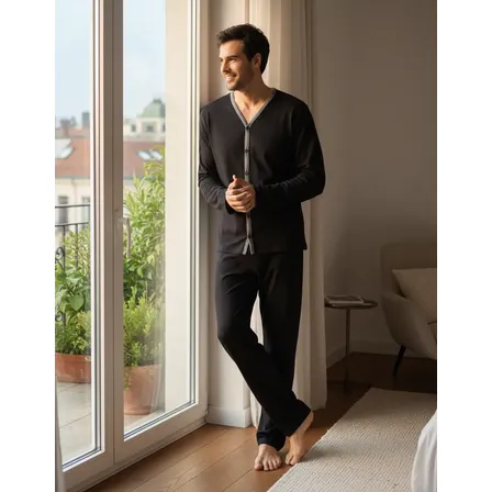 Pijama Mash ALG. Ml C/ Botão + Calça Elástico Embutido Preto Liso M