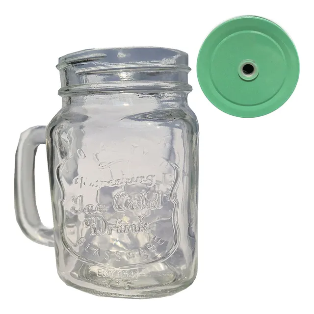 01 Caneca Lisa Vidro Mason Jar + Tampa + Canudo Sweet Amado