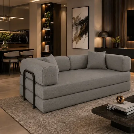 Sofá Cama De Espuma 3 Lugares 1,88cm Bouclê Compacto Sala Cinza Boucle