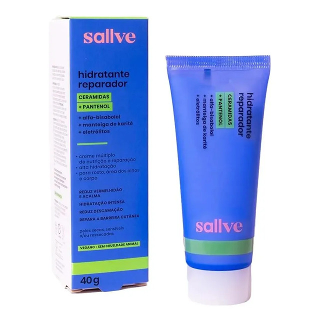 Embalagem do Hidratante Reparador Sallve de 40g ao lado do tubo de creme azul com informações de composição