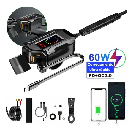 Carregador De Celular Para Moto Usb c 3.0 Turbo Prova D'agua