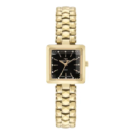 Relógio Technos Feminino Mini Quadrado Dourado Fundo Preto Pulseira Fina Maleável 2035mxhs/1p