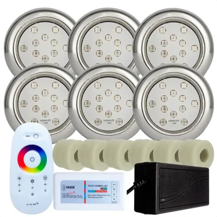 Kit Piscina 6 Leds 18w Rgb Inox Mini E Adapt 50mm E Comando Rgb 110v/220v