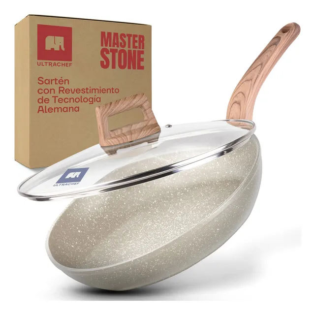 Sartén Antiadherente Con Tapa De Vidrio Templado, Tecnología Alemana, Ultrachef Master Stone, Línea Piedra y Madera, 100% Libre de PFOA, Para Estufas de Inducción, Gas o Eléctrica. Blanco 24 cm