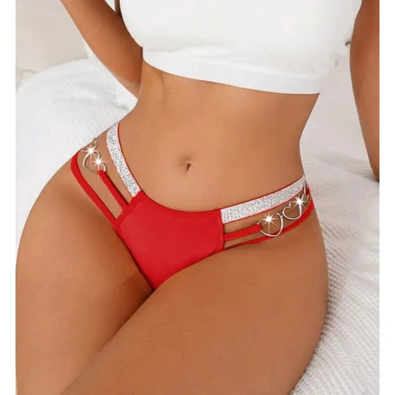 Panty Bikini Cinta Brillante Con Aros De Corazón Rojo