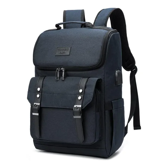 Mochila Vintage Con Puerto Usb Azul Marino, 39cm.