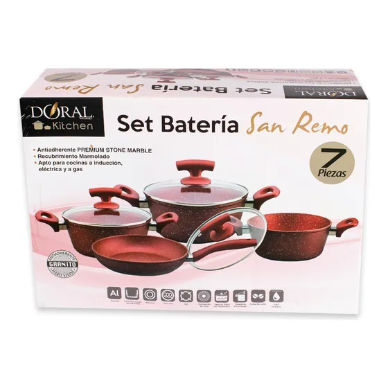 Batería De Cocina Recubrimiento Marmoleado 7 Piezas Rojo Doral