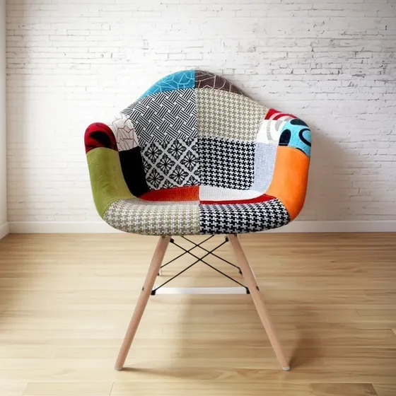 Silla Diseño Eames Tapizada En Patchwork Con Posa Brazo