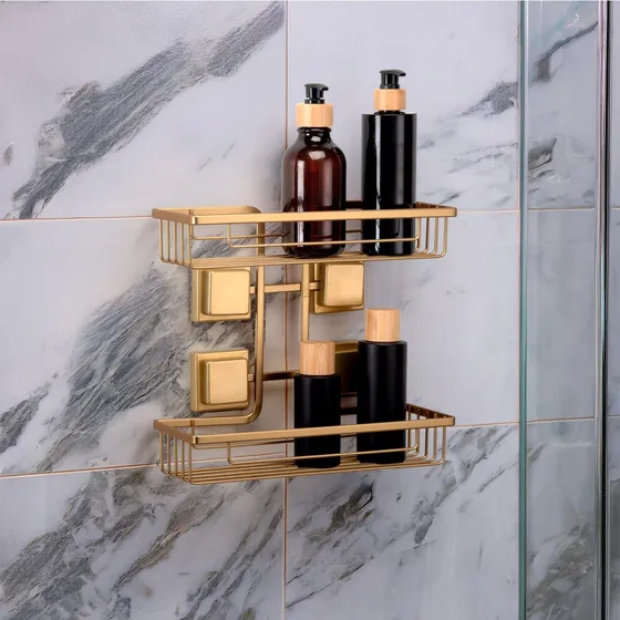 Suporte Prateleira Duplo Porta Shampoo Sem Furos 3m Dourado
