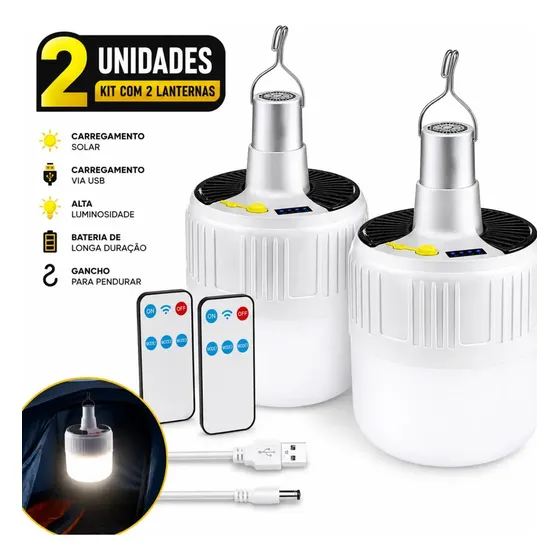 kit 2 Lampião Lampada Lanterna Led Camping Barraca Recarregável Solar/usb Emergência Luz Led Portáti