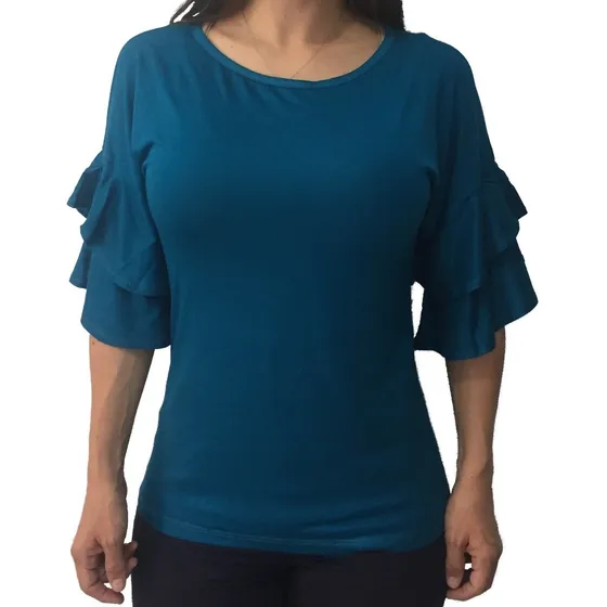 Blusa Dama, Casual, Stretch, Manga ¾ Con Faralaos, Qantik