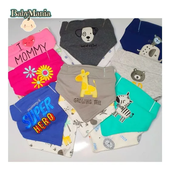 Pack 6 Baberos Bandanas Bebe Doble Capa De Algodón Y Bordada 3 Bipack Niño