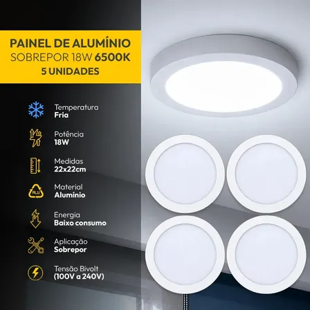 Kit 5 Painel Led Plafon Aluminio Sobrepor 18w 6500K Branco Frio 22cm Redondo Cod: ALUT002007-5 Alut By Avant