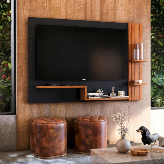 Painel Para Tv Suspenso Até 60  Detalhes Ripados Com Nichos