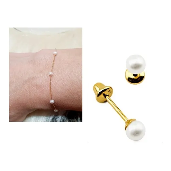 Pulseira E Brinco De Pérolas Infantil De Ouro 18k- Conjunto