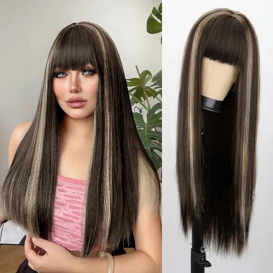Peluca Negra Pelo Natural Con Mechas Marrones Color Brown Highlights Platinum Tamaño De La Base M