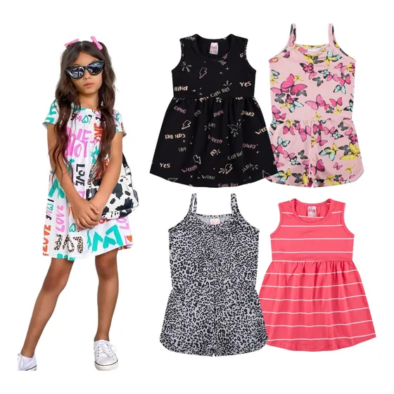 Kit 4 Vestidos Infantis Cotton Estampas Sortidas