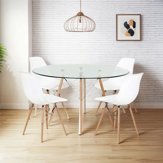 Juego De Comedor Mesa Eames Redonda Vidrio 100cm + 4 Sillas Eames Color De Las Patas Madera