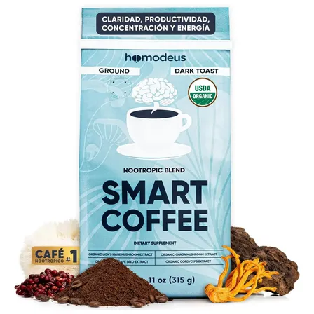 Café Molido Orgánico Nootrópico Con Hongos Adaptógenos, Melena De León, Cordyceps, Chaga Y Uva Roja, Tueste Oscuro, Usda Organic, 30 Porciones, 315 G Smart Coffee