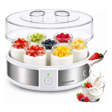 Yogurtera Eléctrica Novohome 1.2 Litros 7 Frascos De Vidrio Yogurt Casero Acero Inoxidable Color Blanca