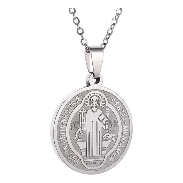 Medalla San Benito Acero Collar Amuleto Hombre Mujer Cadena