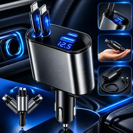 Carregador Veicular Turbo 4 em 1 Retrátil 120w Display Led