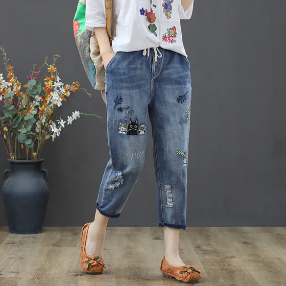 Jeans Capri Dama Bordados Rotos Tiro Alto Sueltos