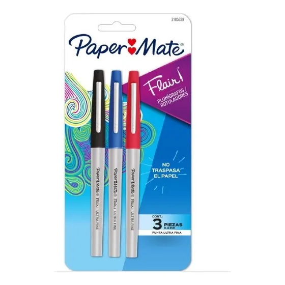 Plumígrafos Paper Mate Flair Blíster 3 Pzas Punta Ultra Fina