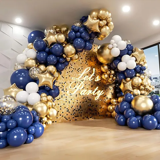 Kit de globos vesicales dorados metálicos con arco deconstrado azul