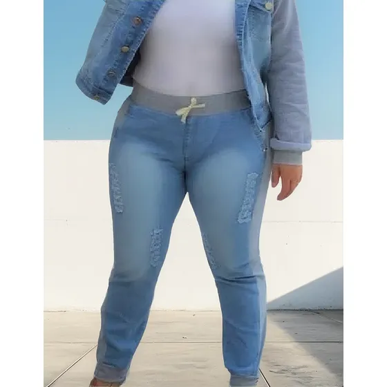 Calça Jeans Plus Size Com Moletom E Lycra Cintura Alta