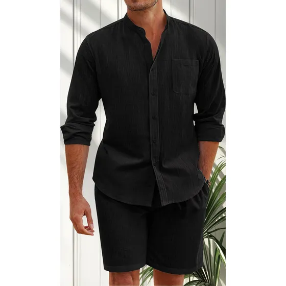 Conjunto Camisa Linho Masculino Casual  E Shorts Leve Verão