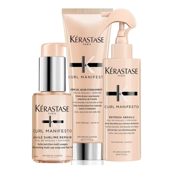 Kit Crema Spray y Aceite Tratamiento Para Cabello Rizado y Ondulado Kerastase Curl Manifesto 3 Pzas