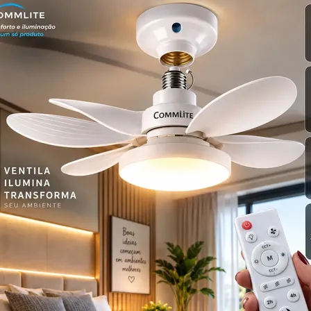 Ventilador de Teto 60W Silencioso Lâmpada Forte com LED, Controle e 6 Pás Soquete E27 Para Residencial Comercial Interno Externo Quarto Sala Cozinha Escritório Gourmet Apartamento Casa - Commlite