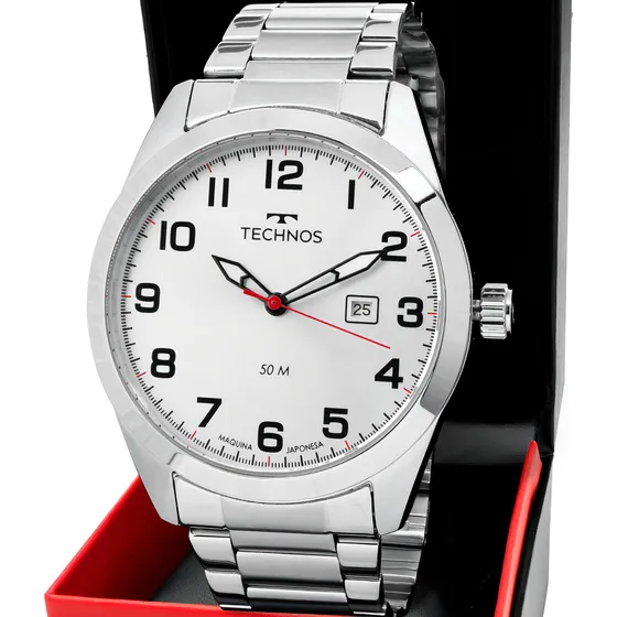 Relógio Technos Militar Prata Masculino Fundo Branco Cor do Bisel Prateado 2115tyn/1k