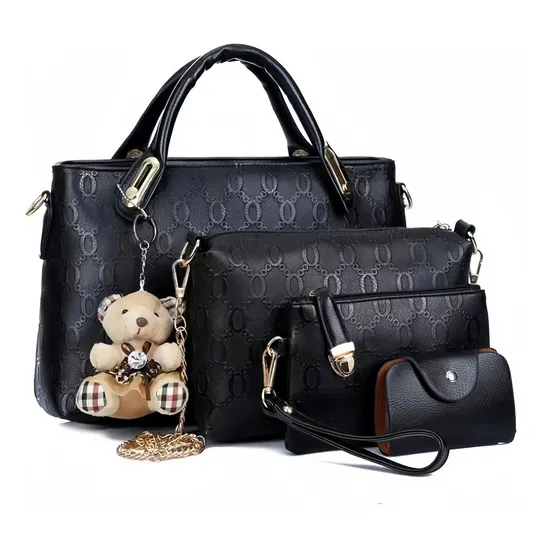 Quanna Set 4 Bolsas Bb-4 Mujer Moda Dama Crossbody Cartera Correa Color Negro, Bolsos Antirrobo De Diseño Multiusos De Hombro, Bolsa De Viaje Cuero Pu