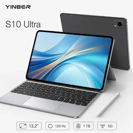 Notebook 2 em 1 Tablet PC Yinber S10 Ultra Android 16 Tela Touch 13,2” 120Hz 4K 16GB RAM 1TB 5G Wi-Fi Dual Band Octa Core Modo Desktop Teclado Touchpad Caneta Câmera 24MP+48MP Bateria 11600mAh Cinza
