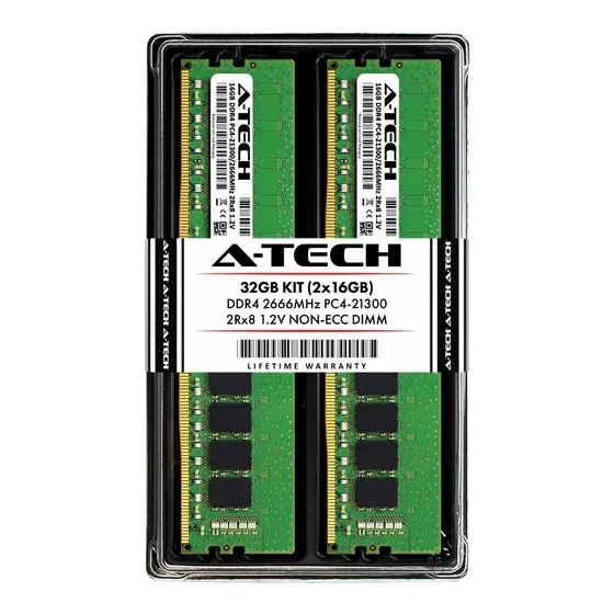 Memoria Ram 32gb A-tech Ddr4 2666mhz Kit (2 X 16gb) Pc4-21300 Non-ecc Unbuffered Dimm 288-pin 2rx8 1.2v Dual Rank Comput