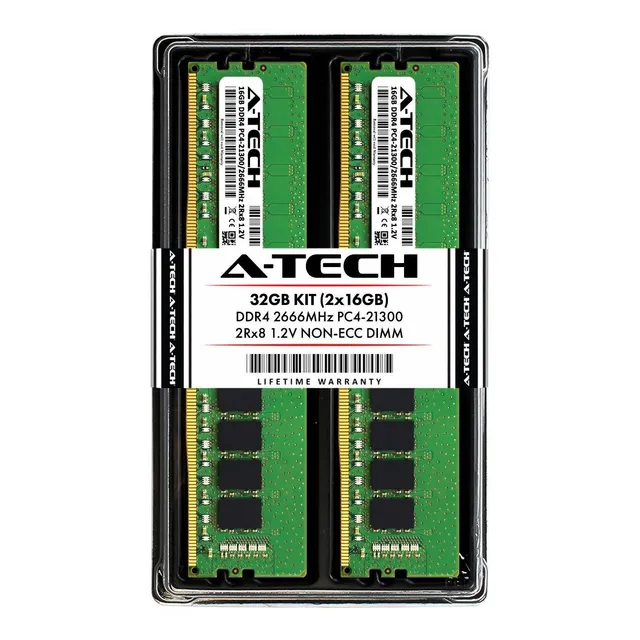 Memoria Ram 32gb A-tech Ddr4 2666mhz Kit (2 X 16gb) Pc4-21300 Non-ecc Unbuffered Dimm 288-pin 2rx8 1.2v Dual Rank Comput
