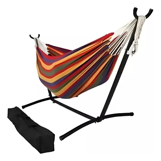 Hamaca Doble Con Base Soporte De Acero Y Estuche Portatil Color Multicolor Rayas