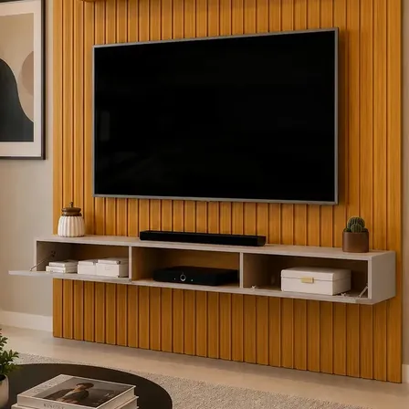 Painel Ripado Suspenso Luxo Para TV 75" MDF Nature 240x250cm N&E Loja