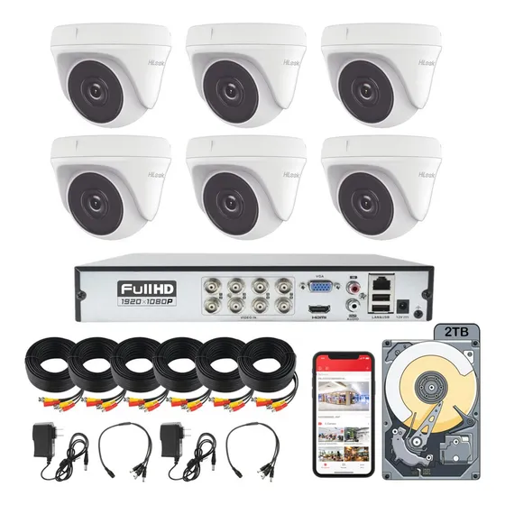 Kit Circuito Cerrado Hikvision Hilook Dvr 8 Canales 6 Camaras color Blanco Domo 1080p 2mp Full Hd Thc-t120-pc Cable Coaxial 18mts Disco Duro 2tb